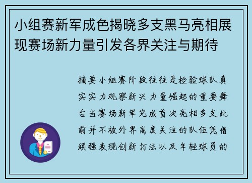 小组赛新军成色揭晓多支黑马亮相展现赛场新力量引发各界关注与期待